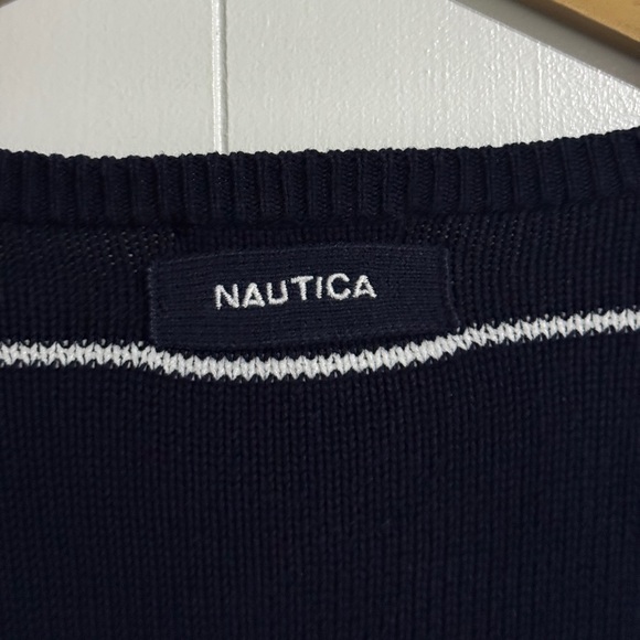 Vintage Nautica Knit Sweater Simple Style Navy Blue Big Checkered Window Pane - Picture 8 of 12